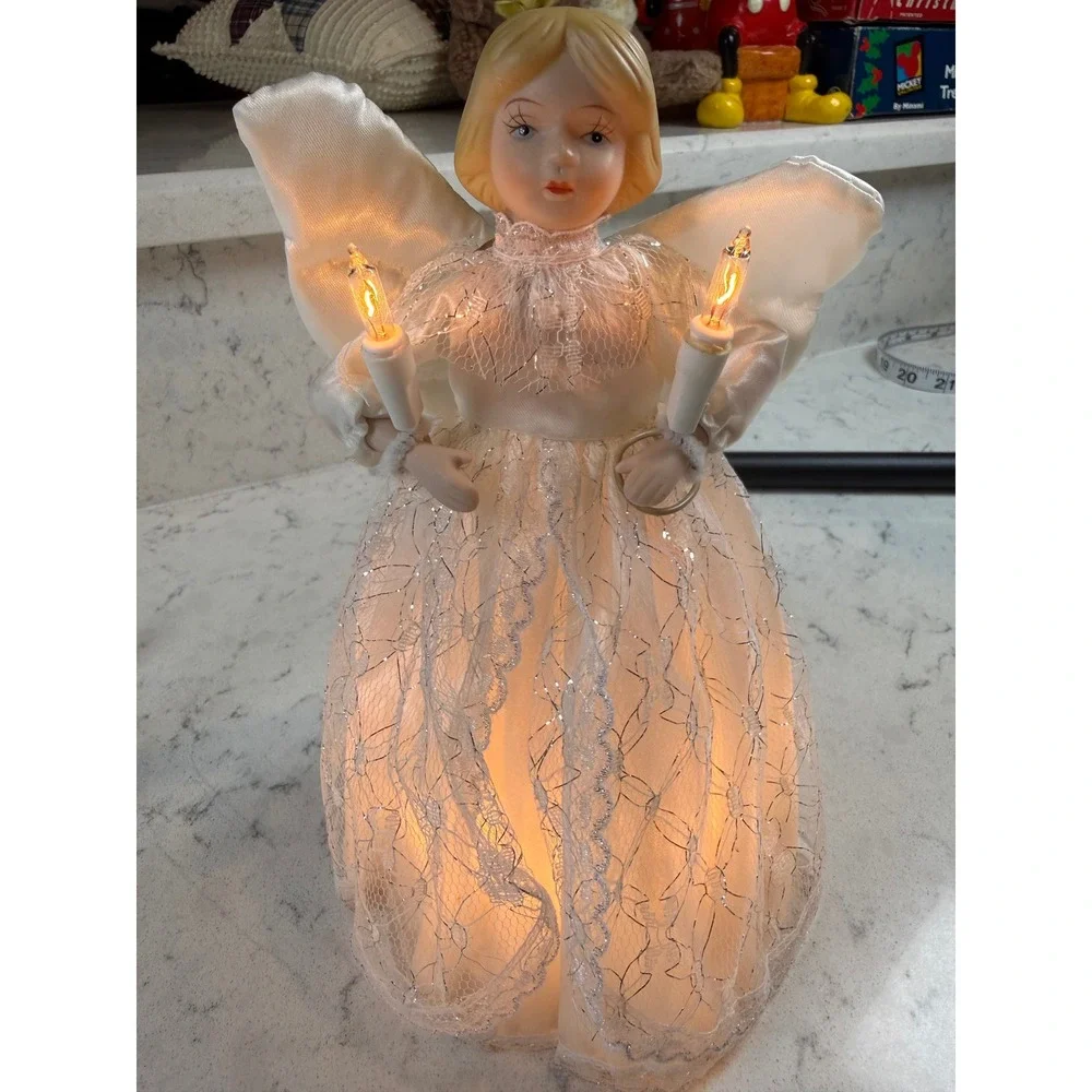 Vintage Minami Lighted Angel Tree Topper Porcelain Head White Silver Lace 9 inch